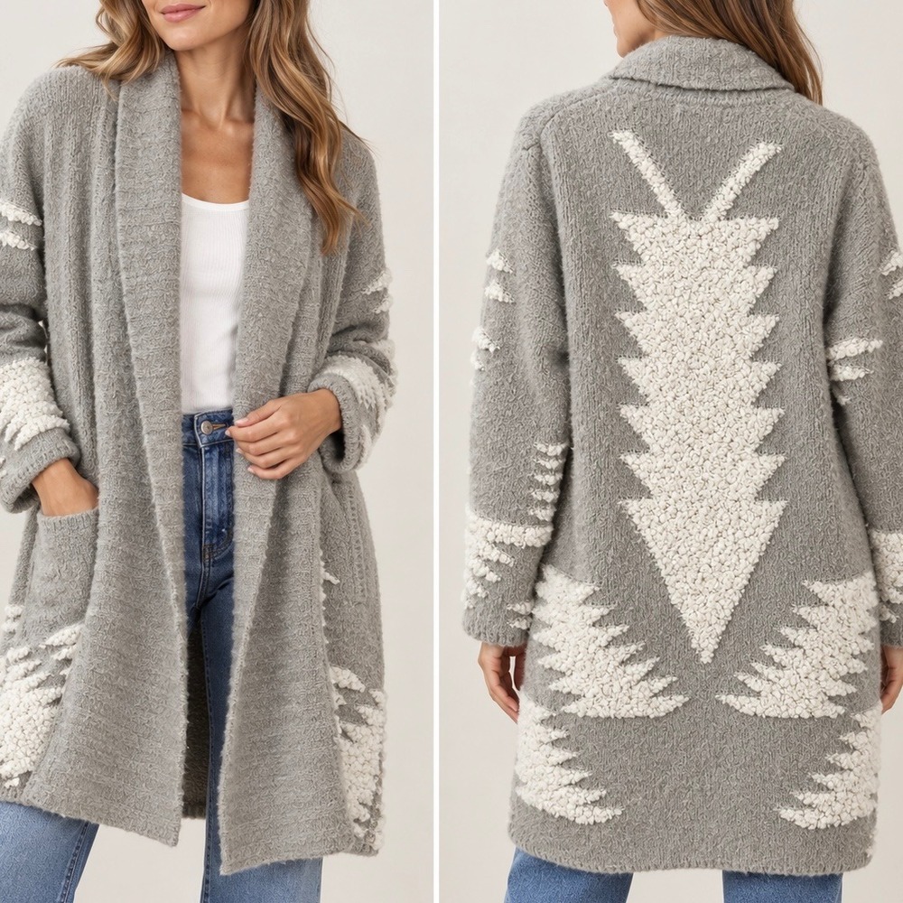 Braeve x EVEREVE Grey Wool Blend Tribal Intarsia Longline Cardigan Sweater XL